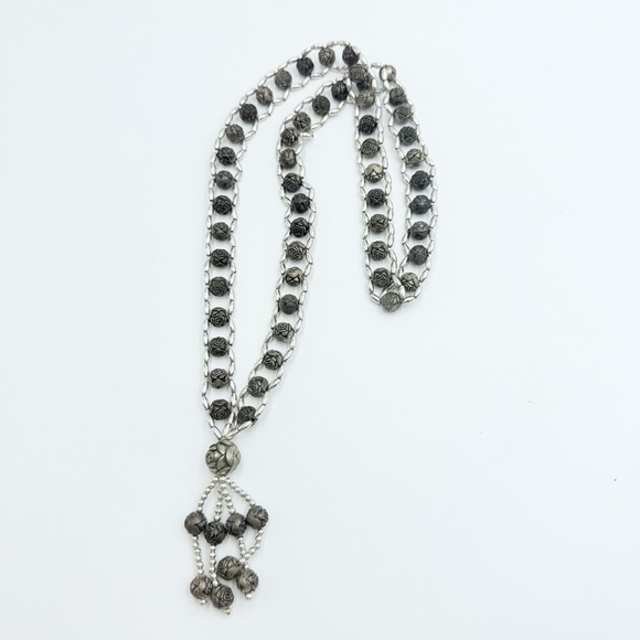 Vintage Silver Plated Bali Style Rose Bud
Metal Beaded Necklace - Picture 3 of 8